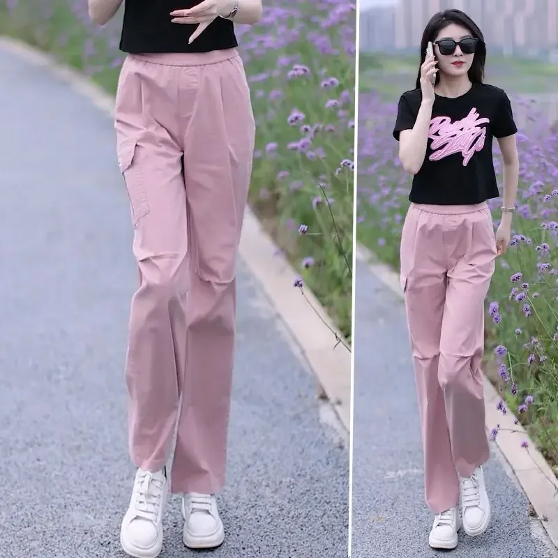 Pink Fashionable Work Pants Women's New Thin Casual High Waist Small Elastic Waist Straight Leg Pants
