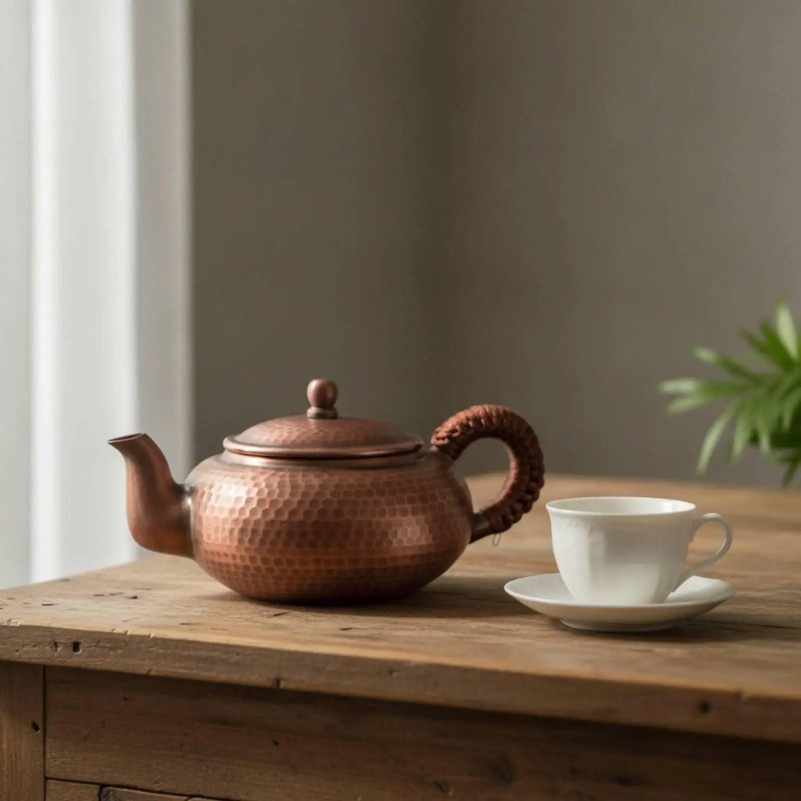 Handmade Pure Copper Brewing Vessel Hammered Dimpled Teapot 350ml Artisanal Tea Pot with Curved Spout Secure Lid and Woven Rope