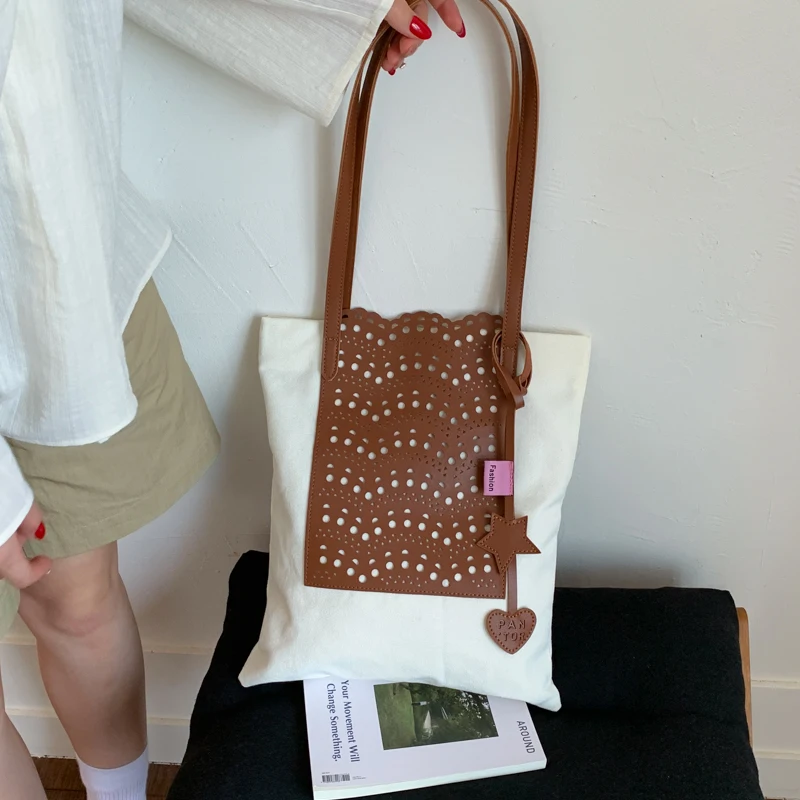 

Casual Large Capacity Women's Bag Hollow Leather Shoulder Bags Shopper Canvas Fashion Harajuku Handbags Korean School Bag Big