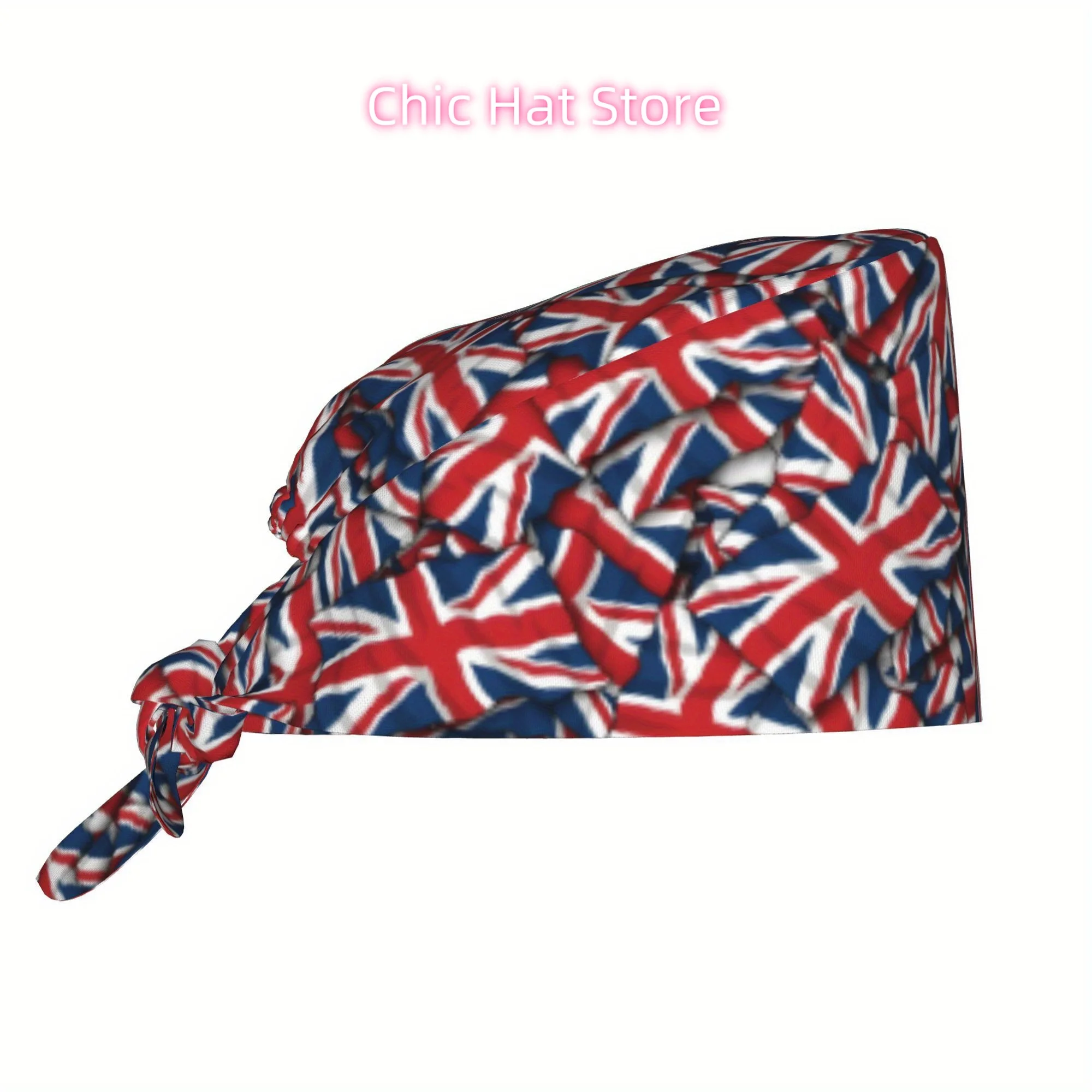 1pc England Unisex Fashionable Printed Work Cap - Lightweight Adjustable Skull Cap with Tie-Back for Nurses, Dustproof Chef & Co