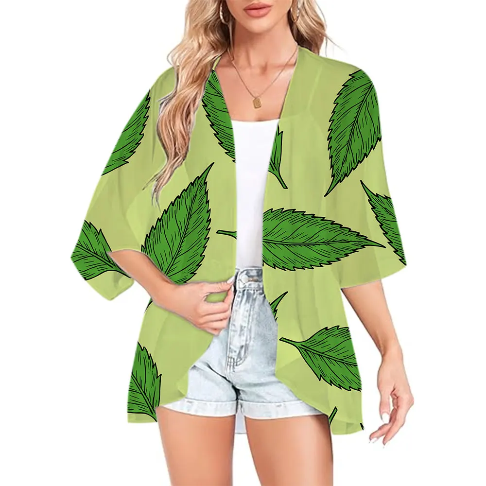 Verano Kimono traje de baño abrigo 3d hoja impresa playa cubrir Casual Kimono Cardigan Tops de gran tamaño vacaciones Sexy cubre capa