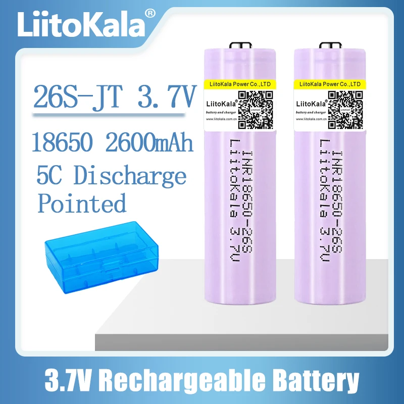 LiitoKala New Original 26S-JT 3.7v 2600mah 18650 26S 5C discharge Lithium Rechargeable Battery For Flashlight battery + Pointed