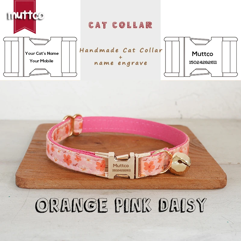 

MUTTCO Retail Engraved Beautiful Flower Pattern Design Handmade ORANGE PINK DAISY collar Unique Design Cat collar 2 size UCC167