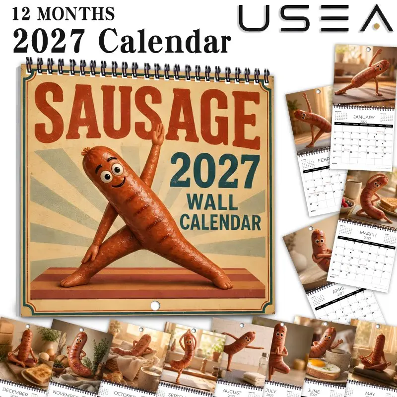 2027 Wall Calendar,Funny Sausage Yoga Themed Monthly Planner,Hanging Square Calendar, Large Writable Blocks, US Federal Holidays