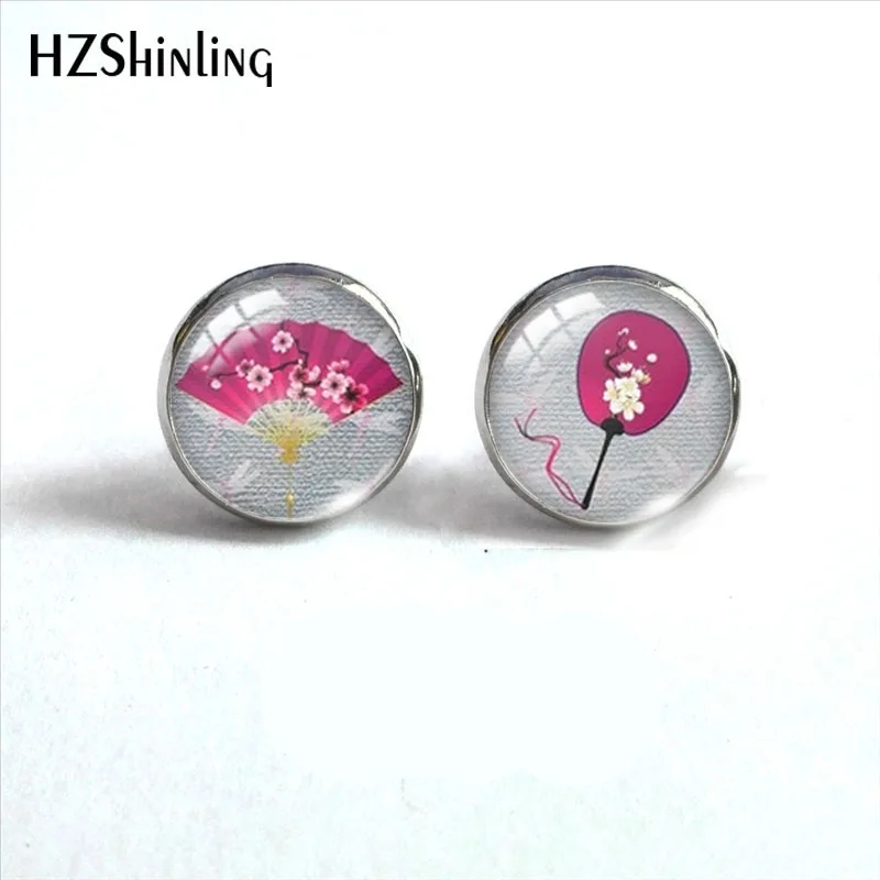 2023 New Japanese Flowers Stud Earring Sakura Round Earrings Handmade Glass Dome Photo Printed Jewelry Gifts