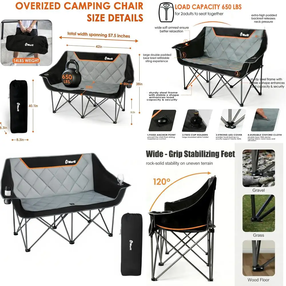 

Extra Wide Heavy-Duty Camping Chair with Cup Holders and Carry Bag, Supports 650LB