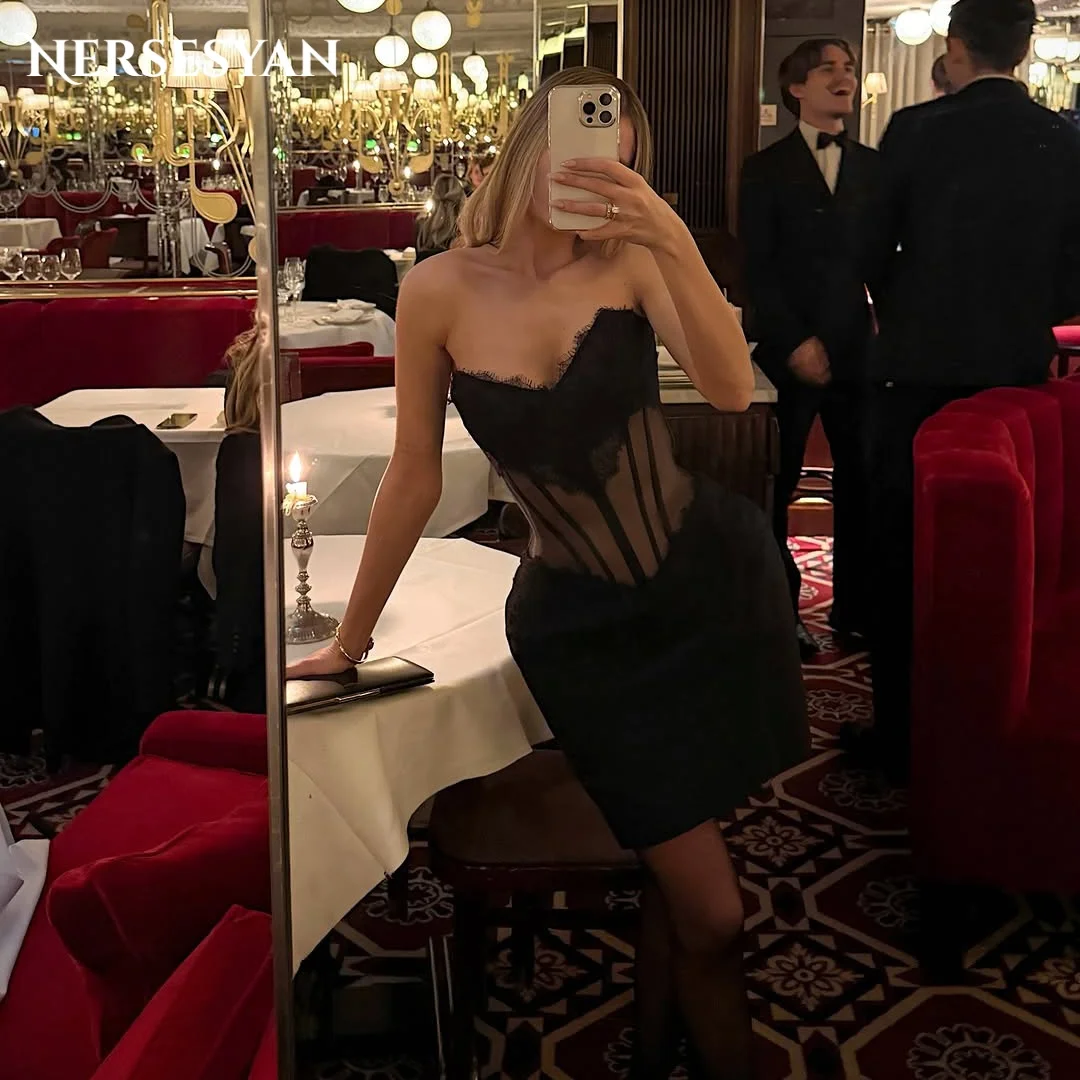 

Nersesyan Sexy Lace Black Prom Dresses Appliques Off Shoulder Guest Mini Dress Cocktail Party Gowns платье женское Customized