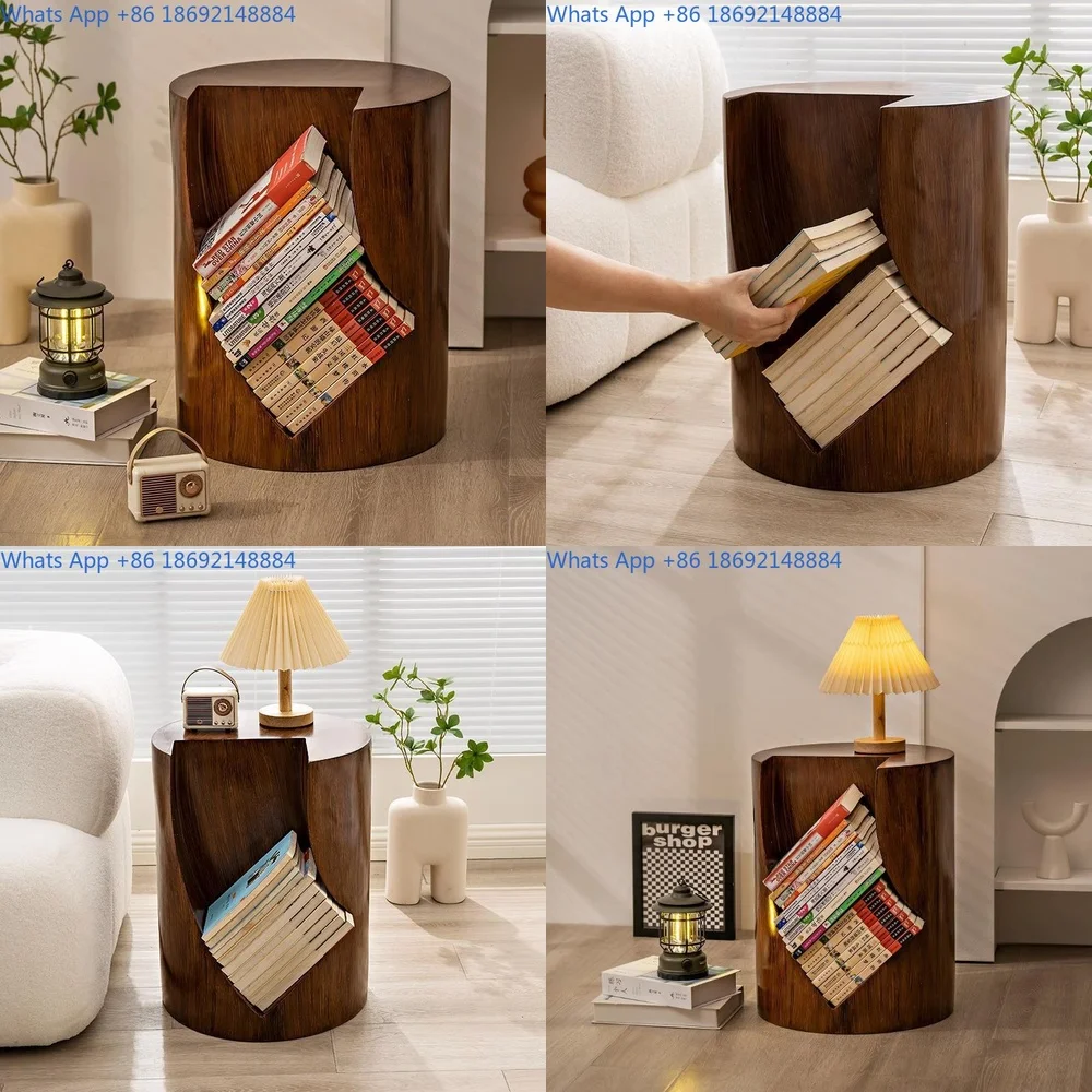 Rustic Wooden Side Table Vintage Minimalist Coffee Table Living Room Decorative Stump Storage Unit Nordic Style Bookshelf