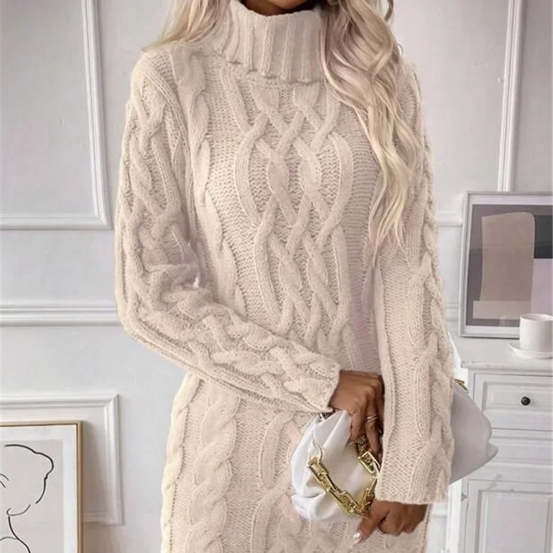 Dresses Women\'s Autumn Winter New High Necked Twisted Flower Slim Fit Sweater Knitted Long Sleeved Casual Elegant New Fashion