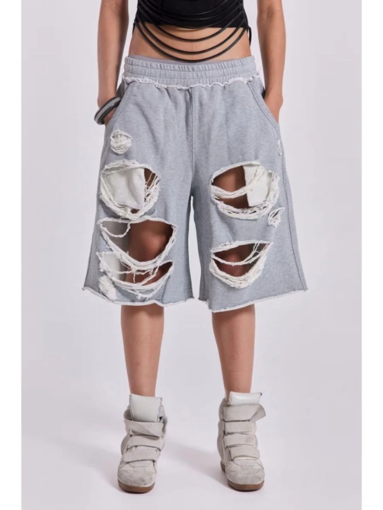 

HOUZHOU Gray Distressed Baggy Shorts Women Casual Grunge Wide Leg Sport Shorts Hip Hop Streetwear Oversized Holes Sweatpants