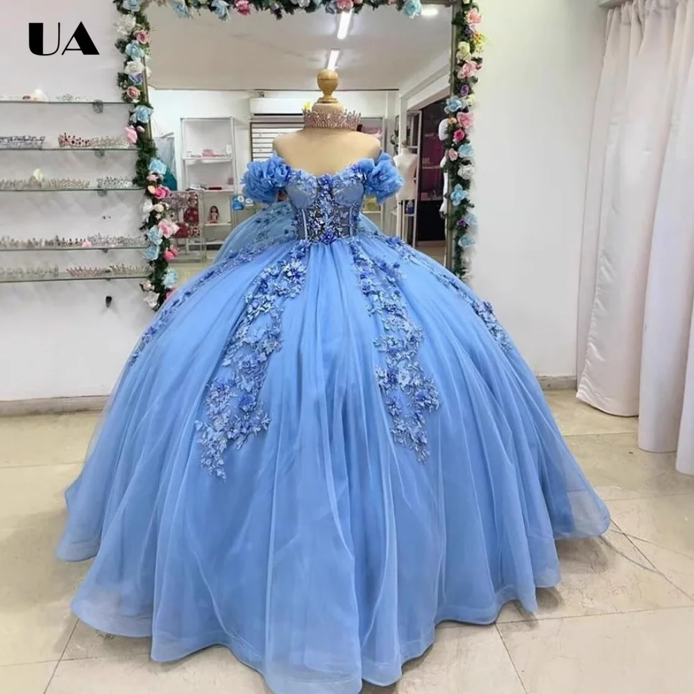 

ULBYANRY Customized A-line Off-the-shoulder Sweet 15 Dress Sparkly 3D Flower Quinceanera Dress Princess Style Lace-up Prom Dress