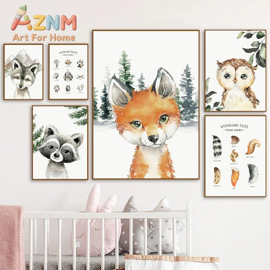 Fox Raccoon Owl Wolf Forest Nursery Animal Wall Art Canvas Painting Nordic Posters And Prints Wall Pictures Baby Kids Room Decor