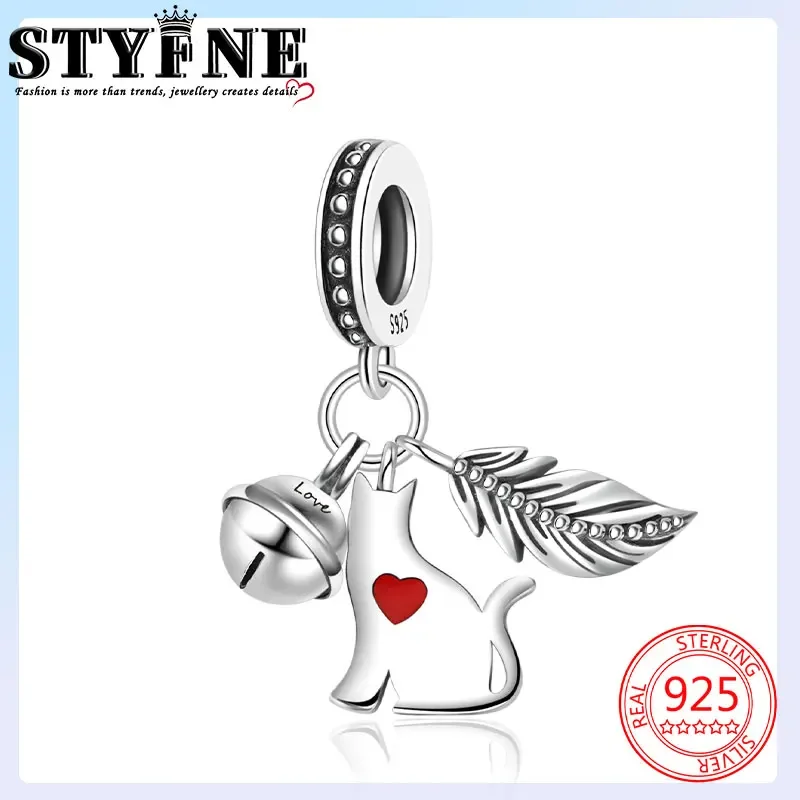 Animals Pets Beads 925 Sterling Silver I Love My Cat, Feather Bell, Cat Teaser 3 Pcs Set Charms Bracelets Jewelry Gift