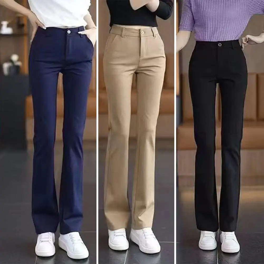 

Women Suit Pant High Waist Office Lady Trouser with Pocket Solid Color Slim Straight Leg Suit Trousers Slightly Flare Pantalones