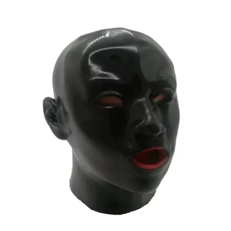 Latex Mask Fetish Unisex Rubber Hood Anatomical Heavy Lined with Red Mouth Sheath Tongue and Nose Tube