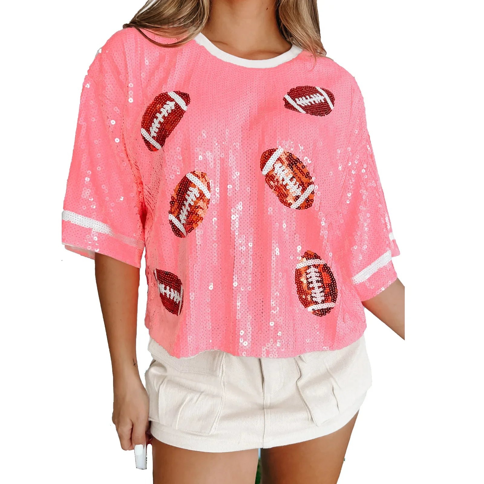 Vintage Short Sleeve T Shirt Women Summer American Streetwear Newest Sequined Rugby Ball Print Casual Loose T-shirt for Women