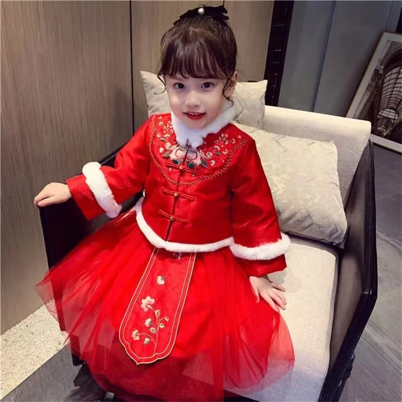 2023 Girl Retro Red New Year Greeting Dresses Kid Traditional Chinese Style Embroidery Hanfu Qipao Performance Princess Vestido