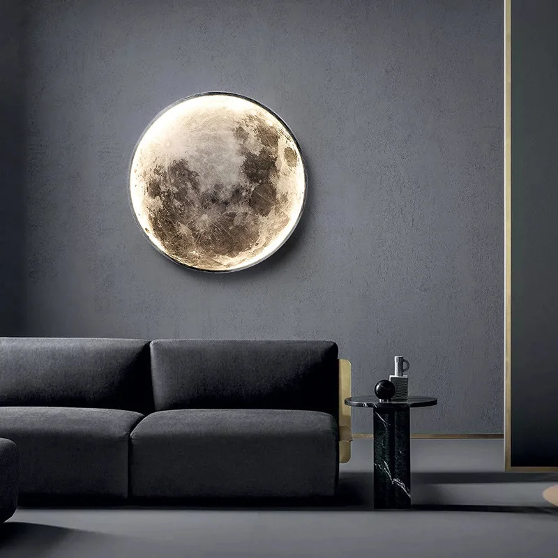 Pintura Circular de Luna gris para decoración de porche, luz Led luminosa, estilo de lujo, pintura de cabecera, Mural de pasillo