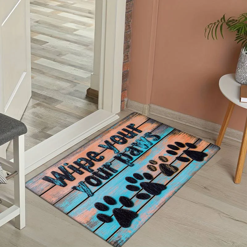 1pc Flannel Thickened  Sponge Mat Blue Orange Wood Texture American Style Washable Non-Slip Mat Comfort Floor Mat Suitab