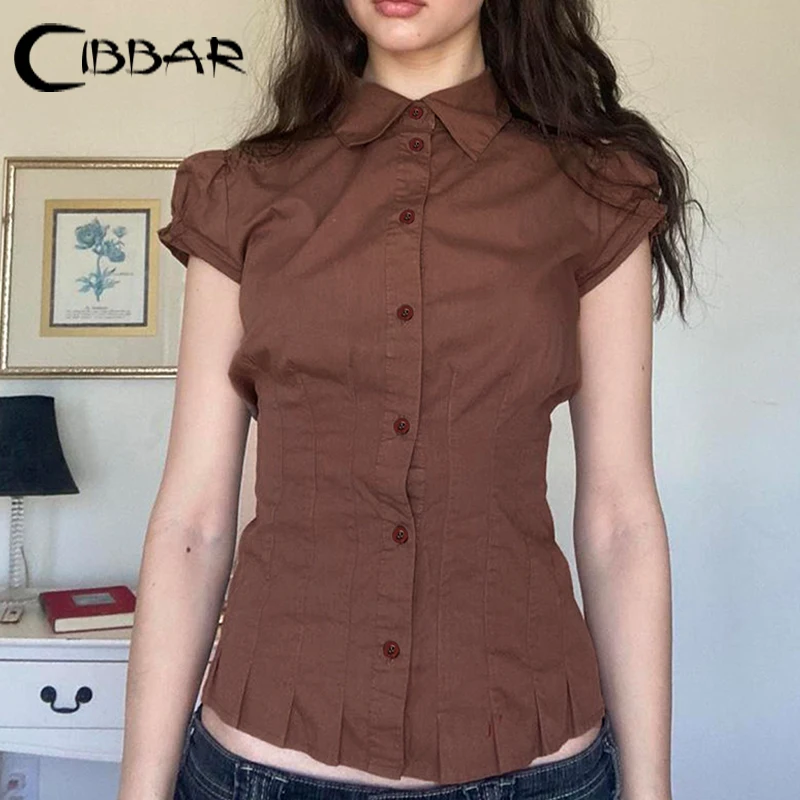 CIBBAR Vintage Brown Blouse Folds Button Up Puff Sleeve Cropped Top Women Grunge y2k T-shirt Casual Streetwear Tee Harajuku Lady