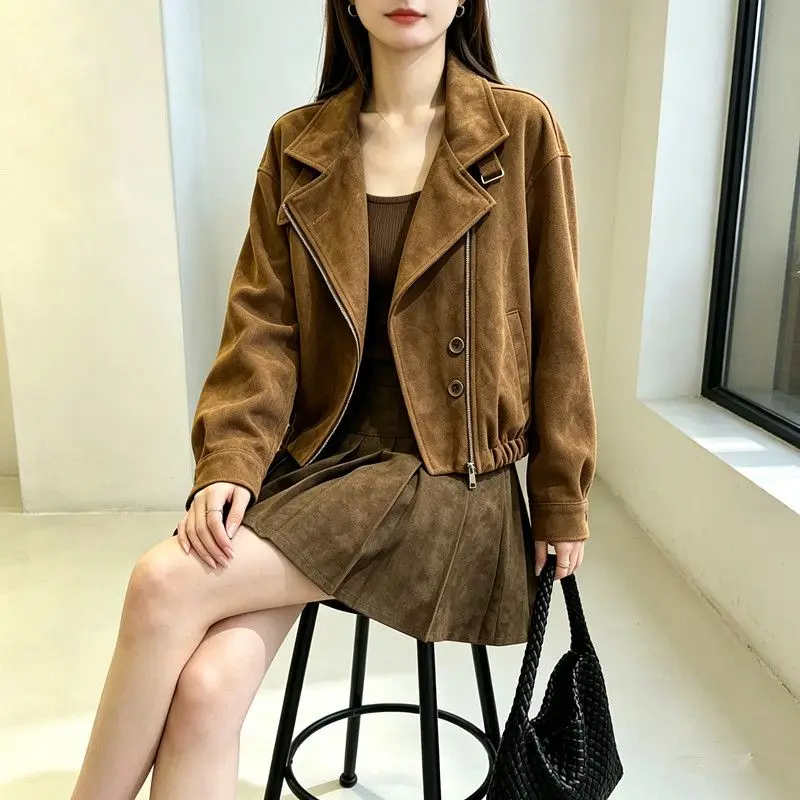 Vintage Coat Women Cropped Jacket Spring Autumn Clothing Harajuku Zipper Top Lapel Long Sleeves Coats Jackets for Women