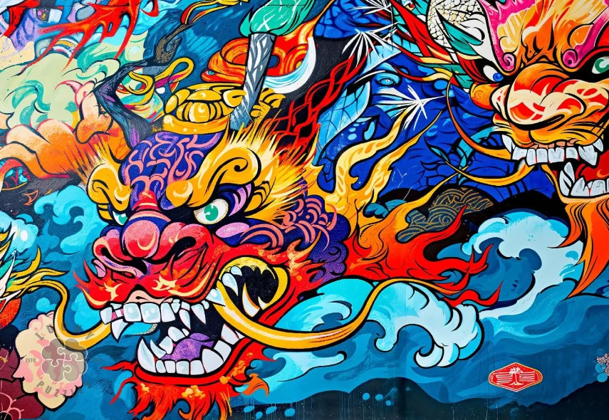 500/1000/1200/2000PCS Dragon Mural Jigsaw Puzzle Vibrant Graffiti Chinese Dragon Lion Head Ocean Wave Street Pop Art Lover Gift