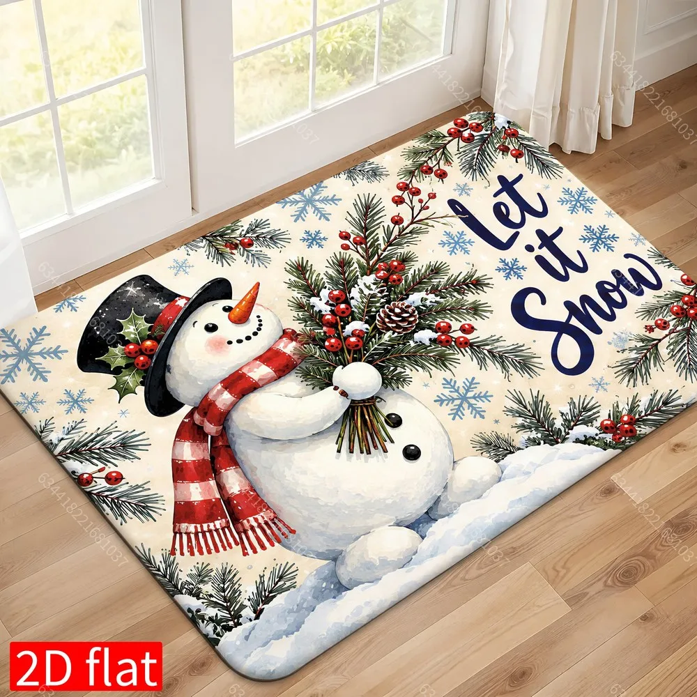Elegant Snowman Holding Pine Branch Let It Snow Text Print Durable Washable Floor Mat For Classic Winter House Doorway Piece