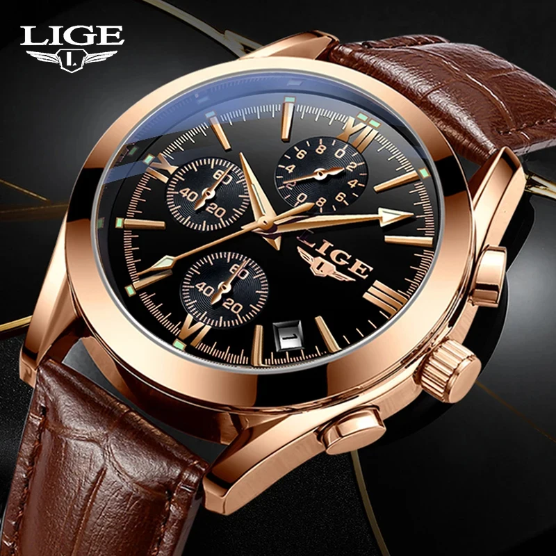 LIGE Classic Quartz Watches for Men Waterproof Leather strap Calendar Sport Business Men's Quartz Watch Chronograph Clock Man