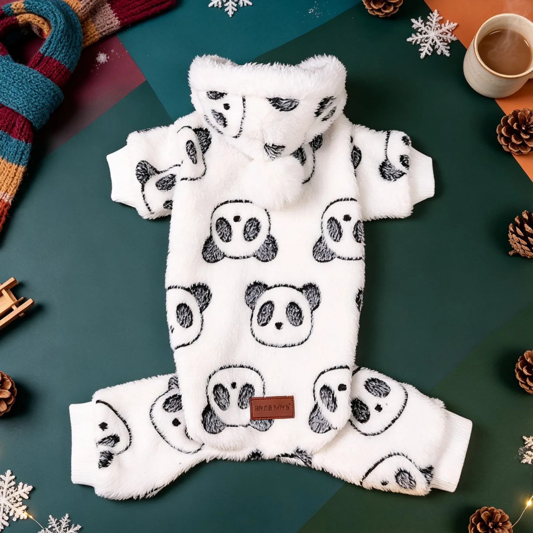 Hundeanzug mit Kapuze und vier Beinen, Plüschballmütze mit Panda-Motiv, weicher und bequemer, dicker Herbst- und Winter-Pyjama. – Detail 13