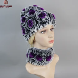 Fashion Girl Fur Cap Lady Winter Natural Real Rex Rabbit Fur Hat Scarf Suit High Quality Women 100% Genuine Fur Hat