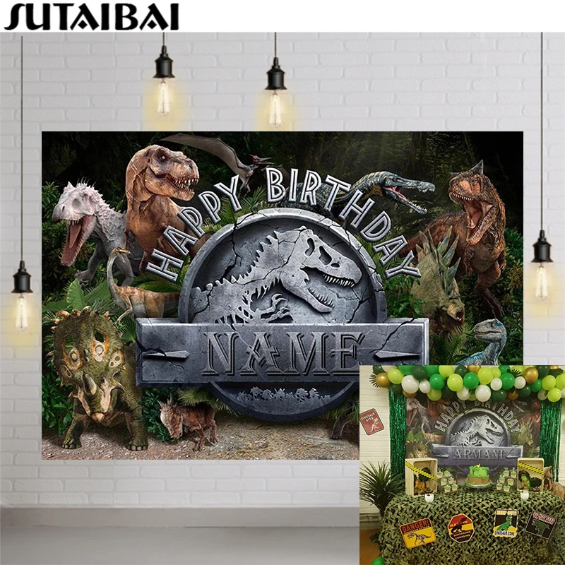 Studio fotografico su misura dei fondali della festa di compleanno del dinosauro del mondo del parco giurassico degli animali selvatici di Safari della giungla