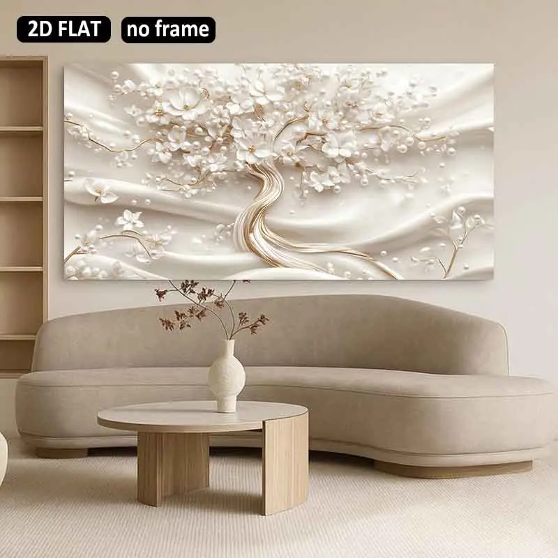 [2D Flat]1pc 23.62*47.24in/60*120cm UnFramed Pearl Blossom Canvas Wall Art Mural Home Decoration