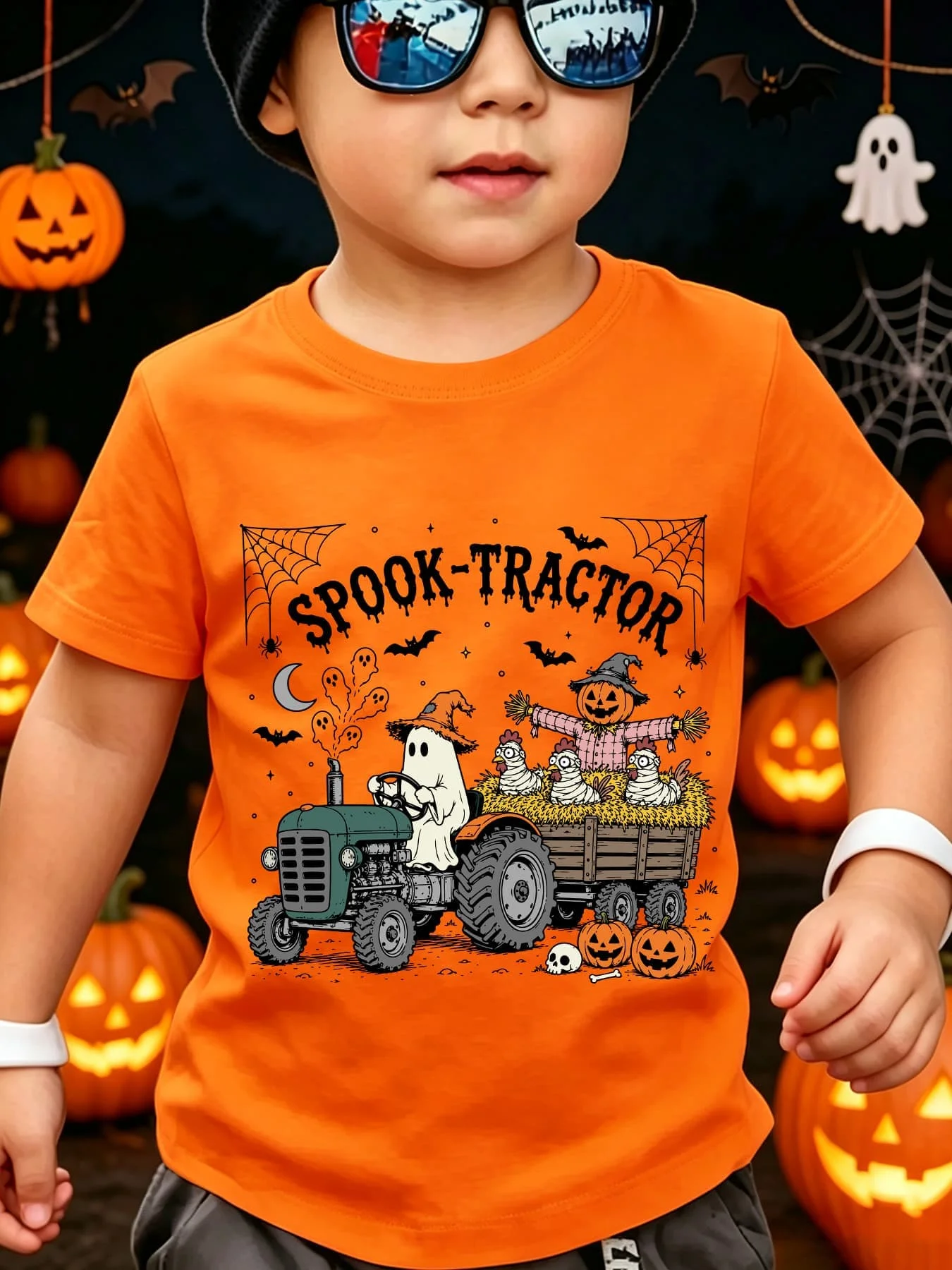 Kids Boys Girls Family Matching T Shirt Spook Tractor Halloween Ghost Pumpkin Graphic Print Short Sleeve Crew Neck Tee Tops