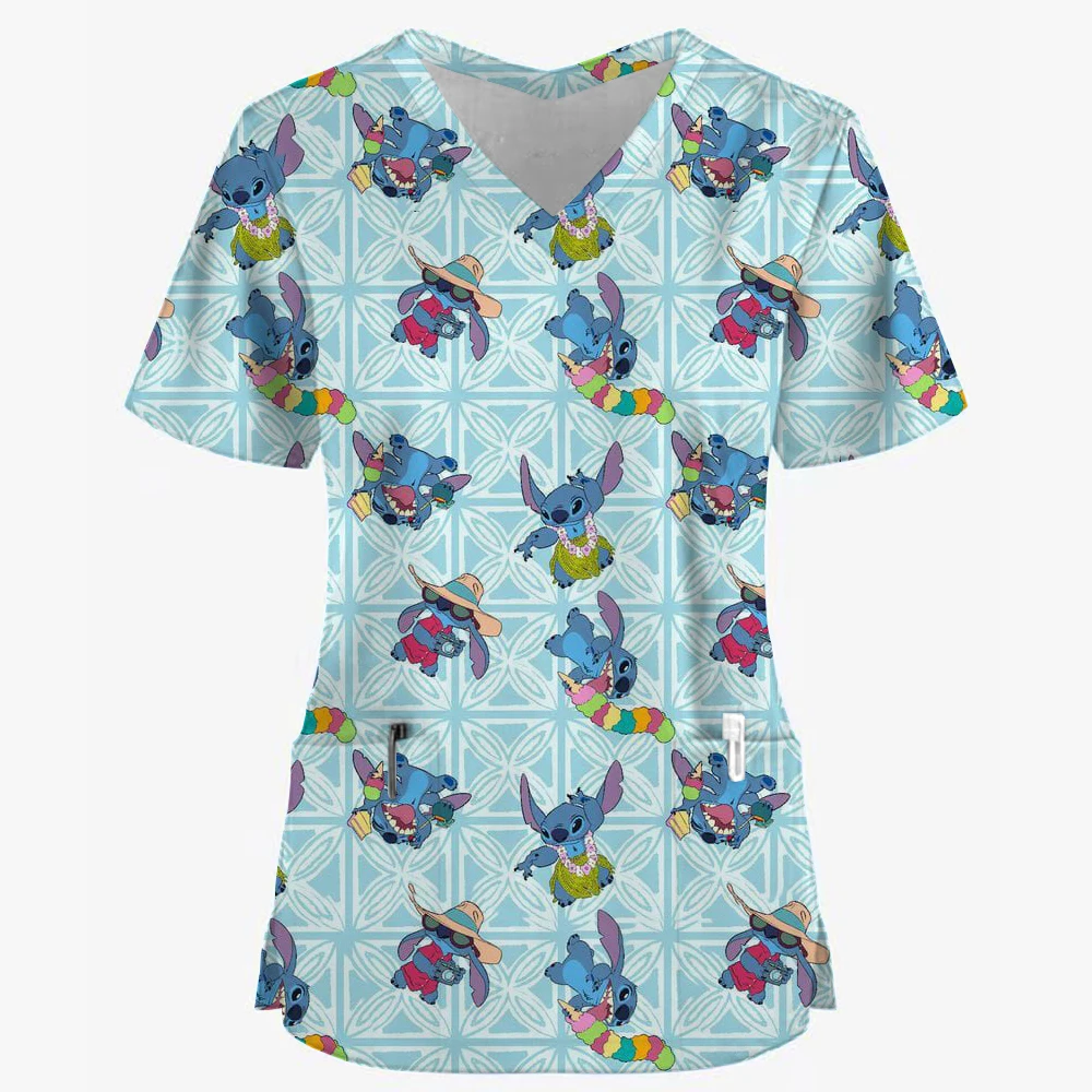 Disney Stitch 3D Print Nurse Medical Uniforms V-neck Short Sleeve Pocket Workwear Top Scrubs Medical Accessories Uniform ﻿