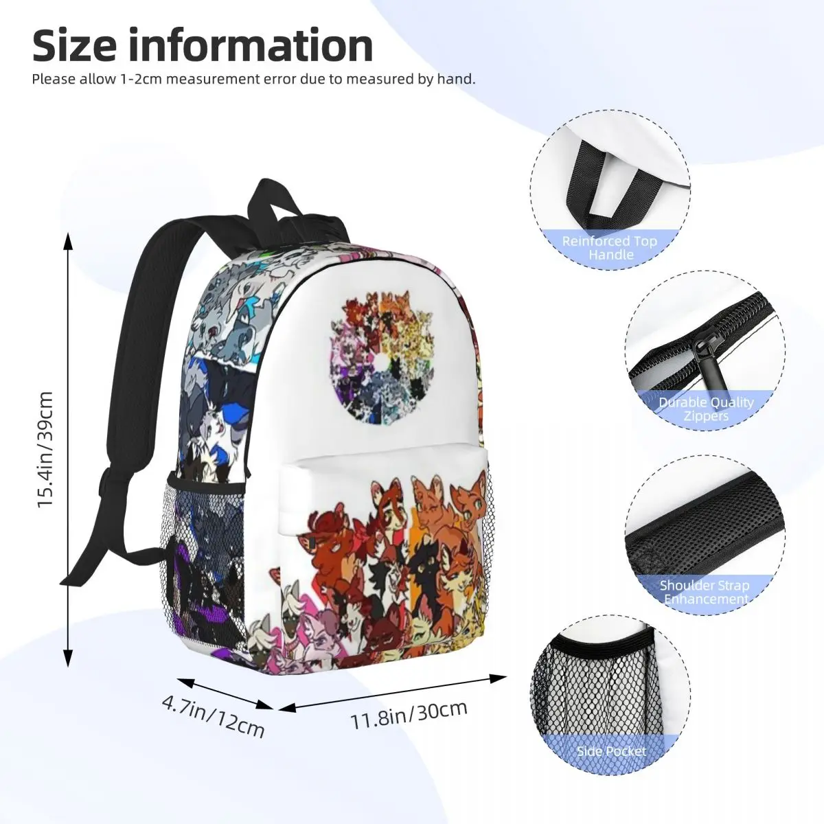 Warrior Cats Color Wheel For Girls Boys Large Capacity Student Backpack Lightweight waterproof Backpack 15inch