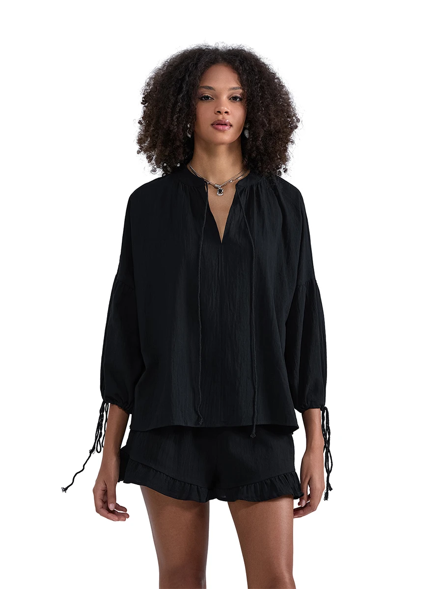 

Women Summer Shorts Outfits Solid Color Long Sleeve Tie-Up V-Neck Shirts Tops Elastic Waist Shorts 2 Pieces Clothes Set