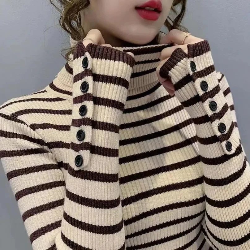 2024 New,Autumn Winter Turtleneck Button Striped Knit Sweaters, Women\'s Clothing, Stylish Knitted Pullovers, Girls Jersey Tops