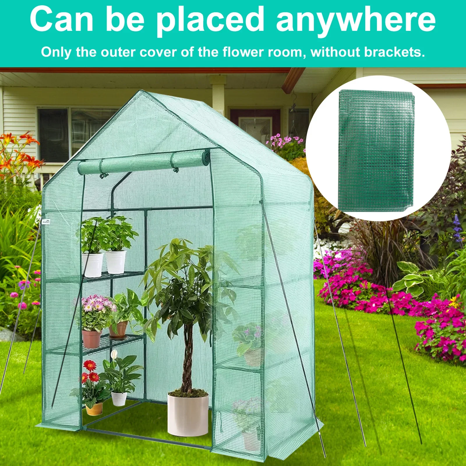 Walk-in Greenhouse Cover Waterproof PE Greenhouse Replacement Cover with Roll-up Zipper Door UV-Resistant Small Warm House