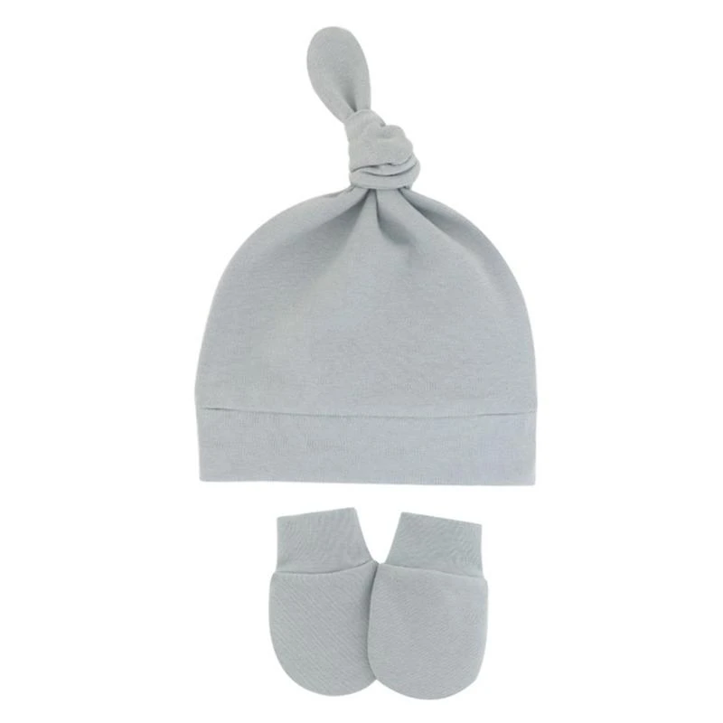 

JU06 2 Pcs Baby Anti Scratching Gloves Hat Set Soft Cotton Baby No Scratch Mittens Tail Knot Turban Beanie