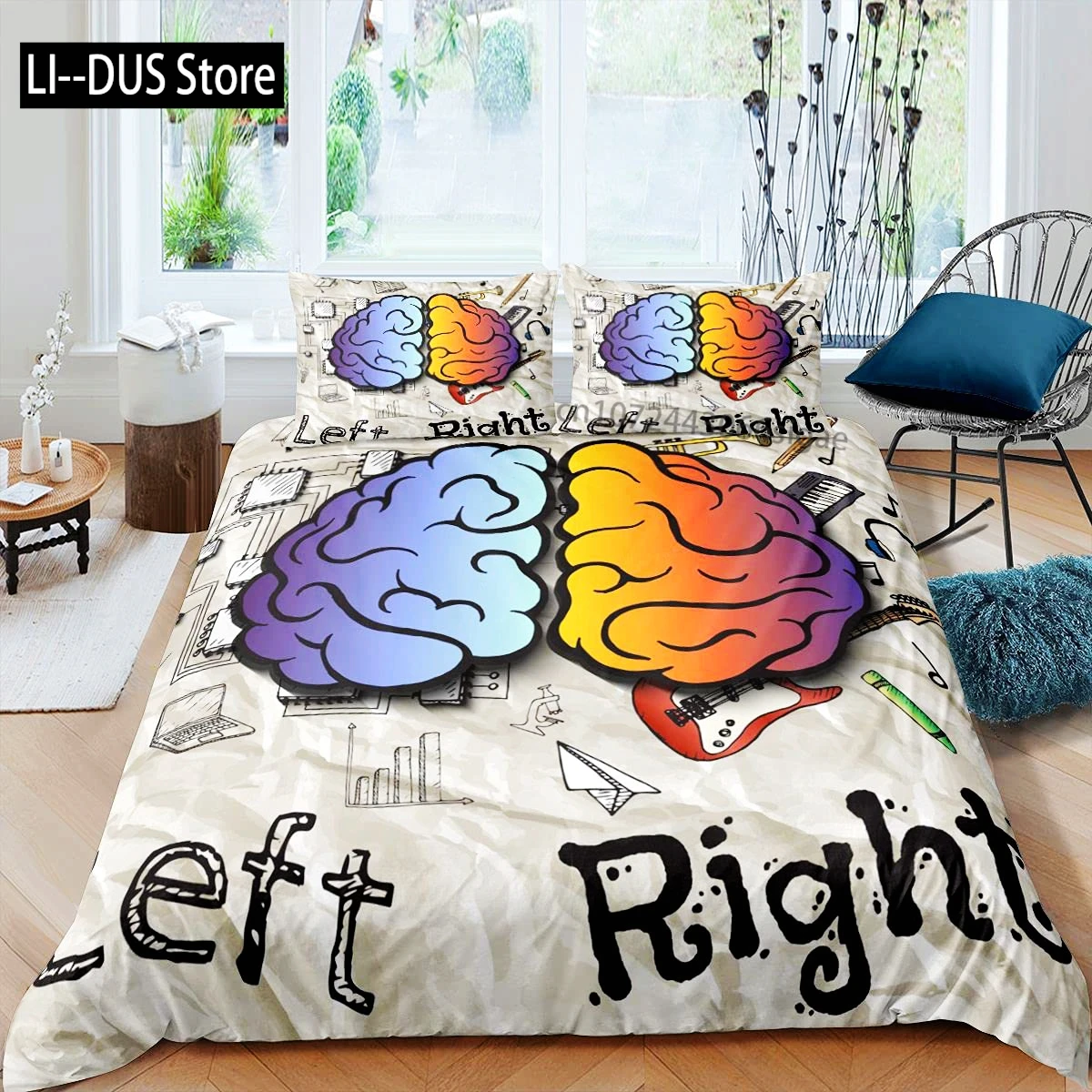 مجموعة غطاء لحاف الدماغ البشري لصبي الطفل الطلاب ستوكات الموسيقى الفن غطاء لحاف ديكور الرياضيات العلوم موضوع طقم سرير