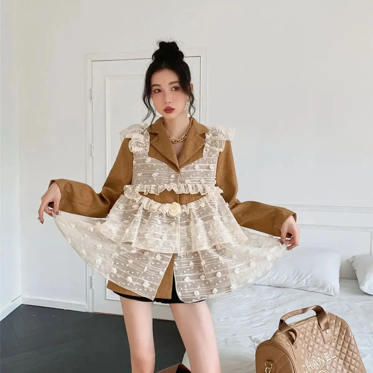 Mesh Ruffled Suit Jacket Women 2024 Autumn New Style French Chic Loose Niche Design Long-Sleeved Top