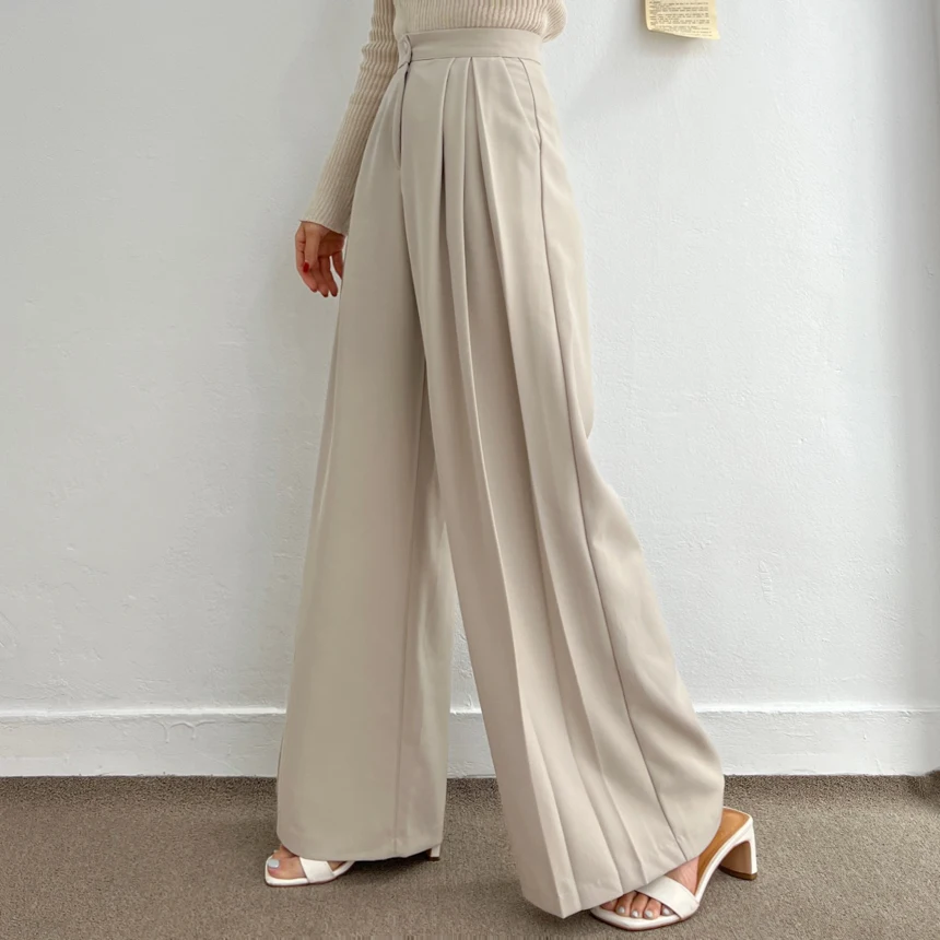 

Summer High Waist Women Office Lady Wide Leg Pleated Pant Korea Fashion Chic Full Length Black Loose Female OL Trousers Casual