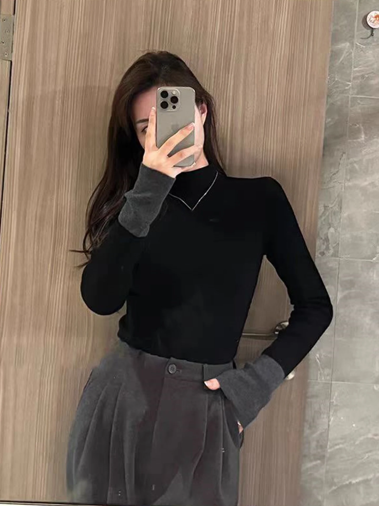 

Sli Knitted Long Sve Overhead Inner Wear Color Blo Simple Unique Aged down Top Base irt Commute Winter Ladies Faion