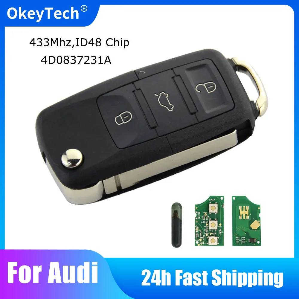 OkeyTech Flip Folding Remote Control Key for Audi A3 A4 A6 A8 RS4 TT 433Mhz ID48 Chip HAA Uncut Blank Blade 3 Button 4D0837231A