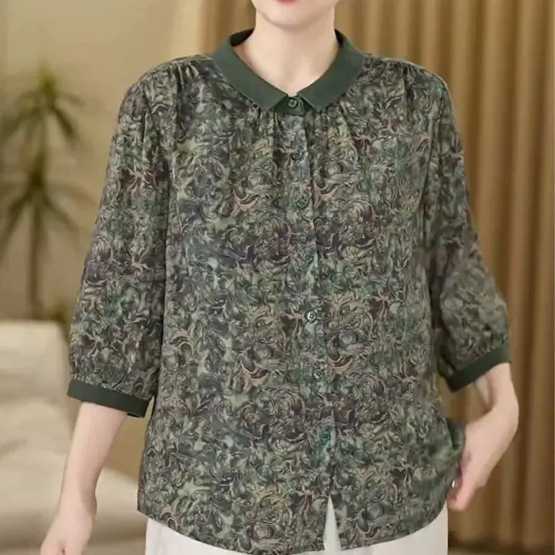 

Винтажная блузка с рукавом 3/4, женская одежда, новая универсальная повседневная рубашка больших размеров с цветочным принтом, топы, элегантная мода, весна-лето