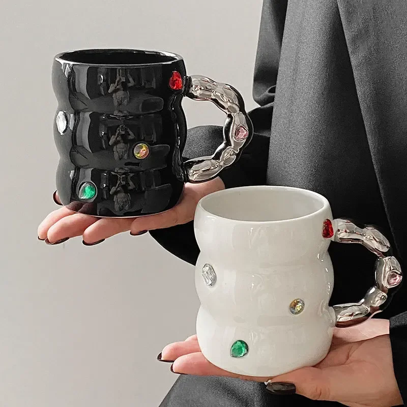 Creative gemstone mug light luxury household mug ceramic high-value enamel cup thickened handle ceramic cup