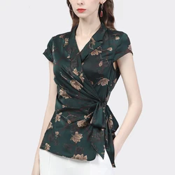 Fashion Women Short Sleeve Floral Printed Satin Blouse Crossed V-Neck Lace-Up Shirt Elegant Vintage Slim Chic Female Summer Tops