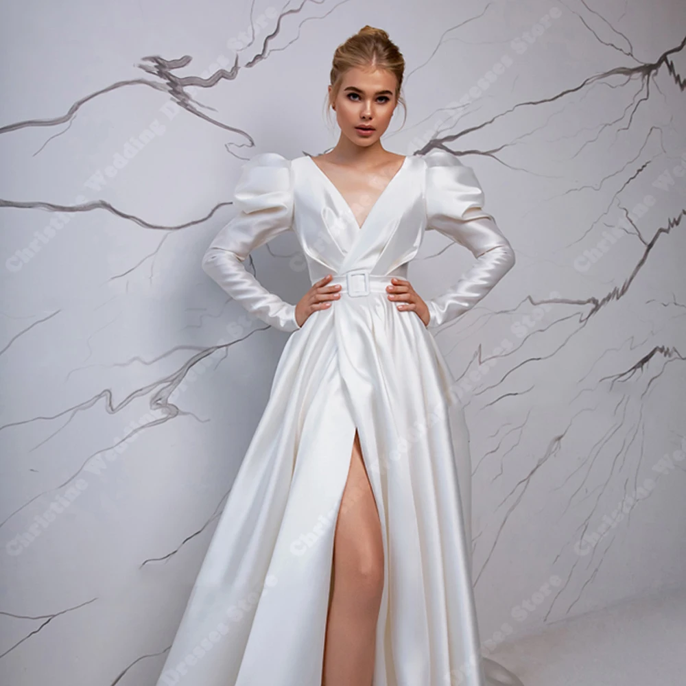 Vestidos de noiva de cetim branco brilhante com mangas compridas para mulheres, vestidos de casamento, vestidos formais com decote em v, vestido de casamento