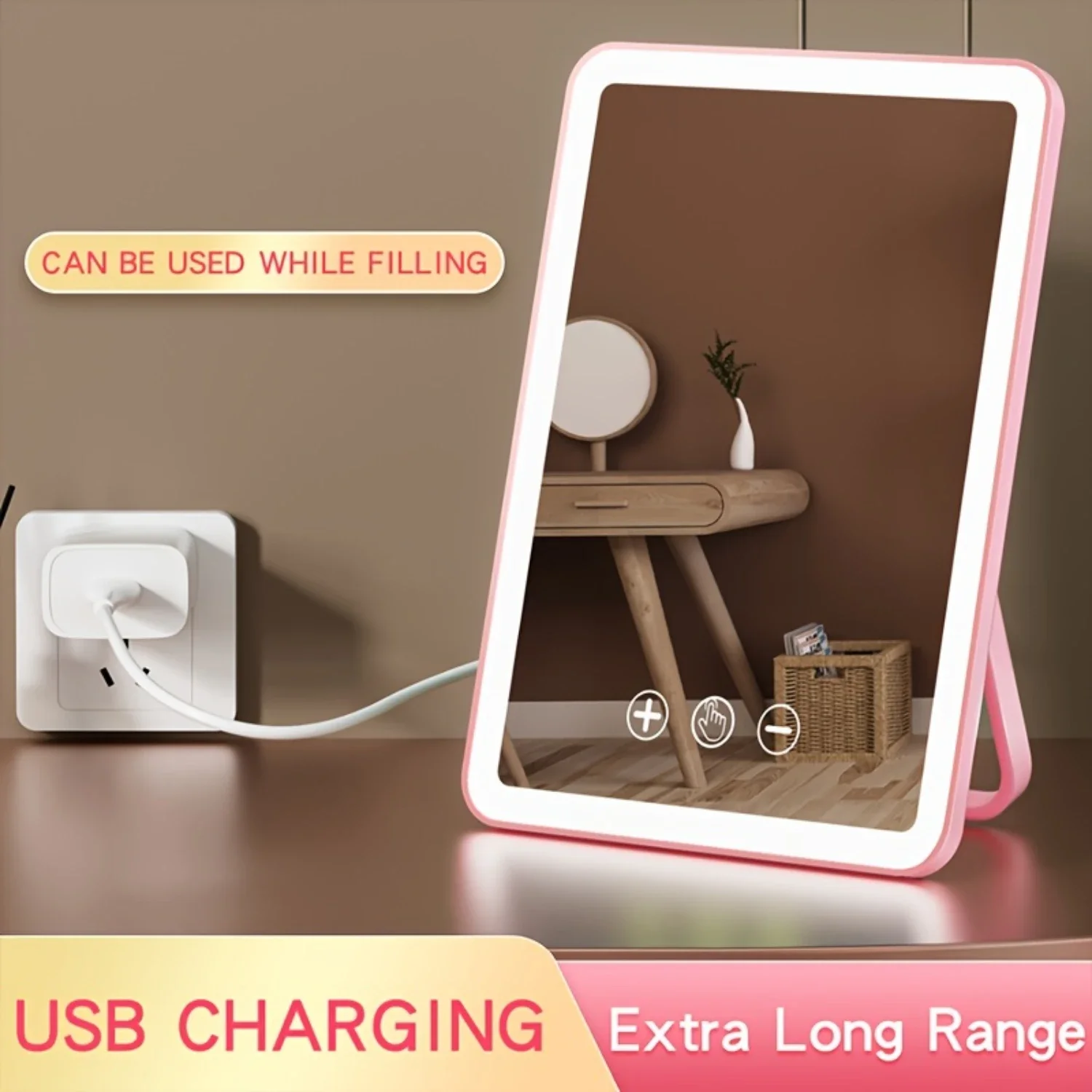 ポータブルバニティビューティーミラー,3色の光調光,ハンドヘルド化粧鏡,デスクスタンド,寮の化粧品