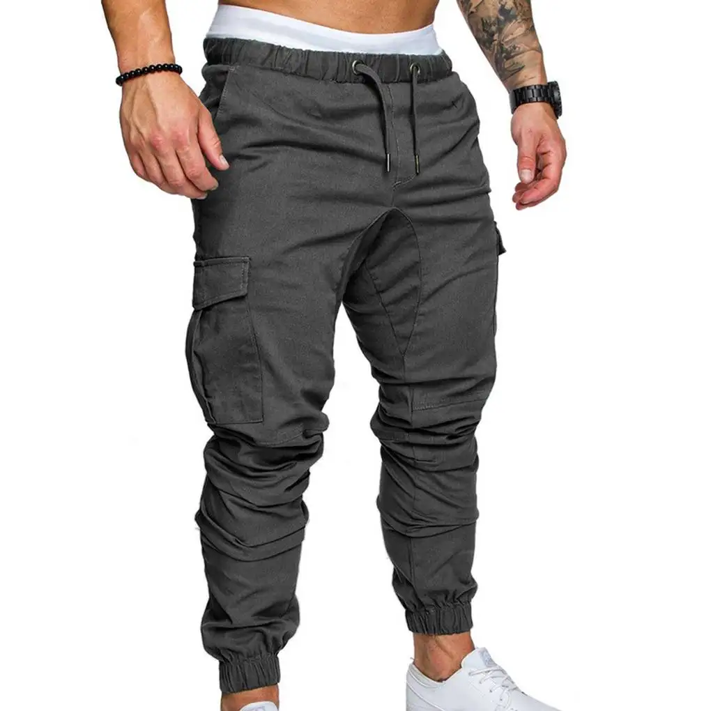 

Men Drawstring Pants Male Trousers Solid Multi-pocket Ankle-tied Sweatpants